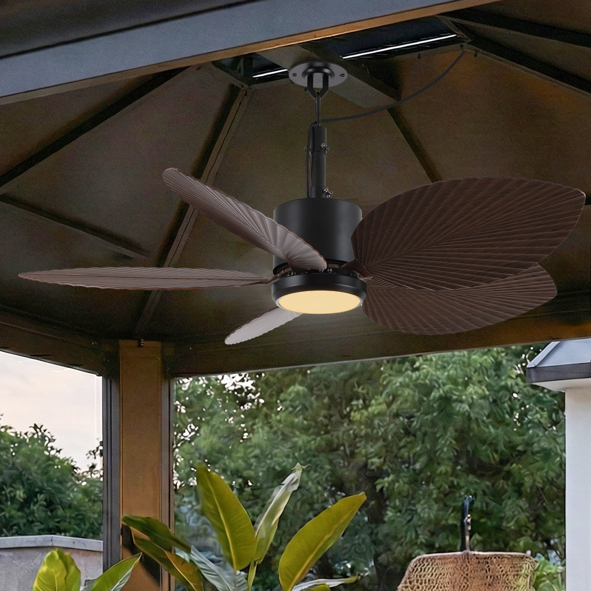 42" Tropical Palm Leaf 5-Blade Outdoor Gazebo Portable Ceiling Fan with Remote and Light - 42" W x 13.7" H