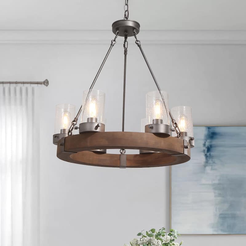 6-light Wooden Wagon Wheel Chandelier - Antique Silver