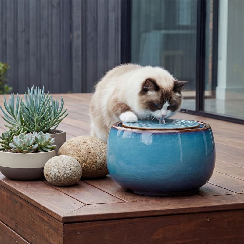 Round Blue Ceramic Water Floor Fountain with LED Light and Pump