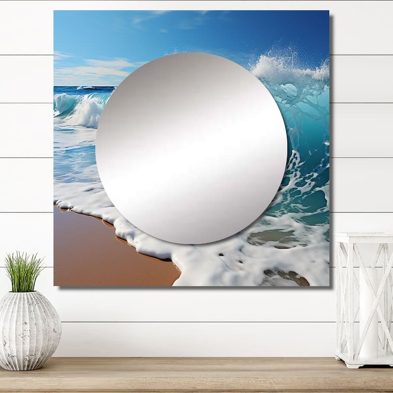 Designart "Turquoise Power Of Ocean Wave I" Modern Wall Mirror - Coastal Square Wall Mirror For Living Room