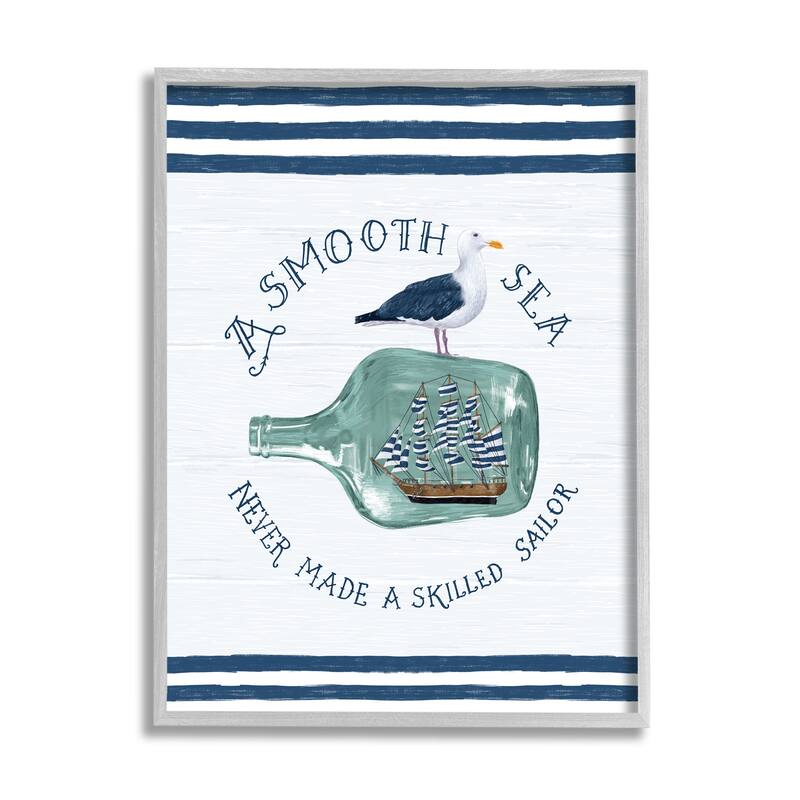 Stupell Ship In Bottle Seagull Striped Nautical Phrase Framed Wall Art, Design by Raquel Maciel - Blue