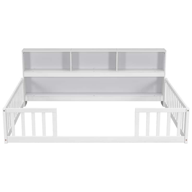 Floor Bed with Side Bookcase,Shelves,Guardrails