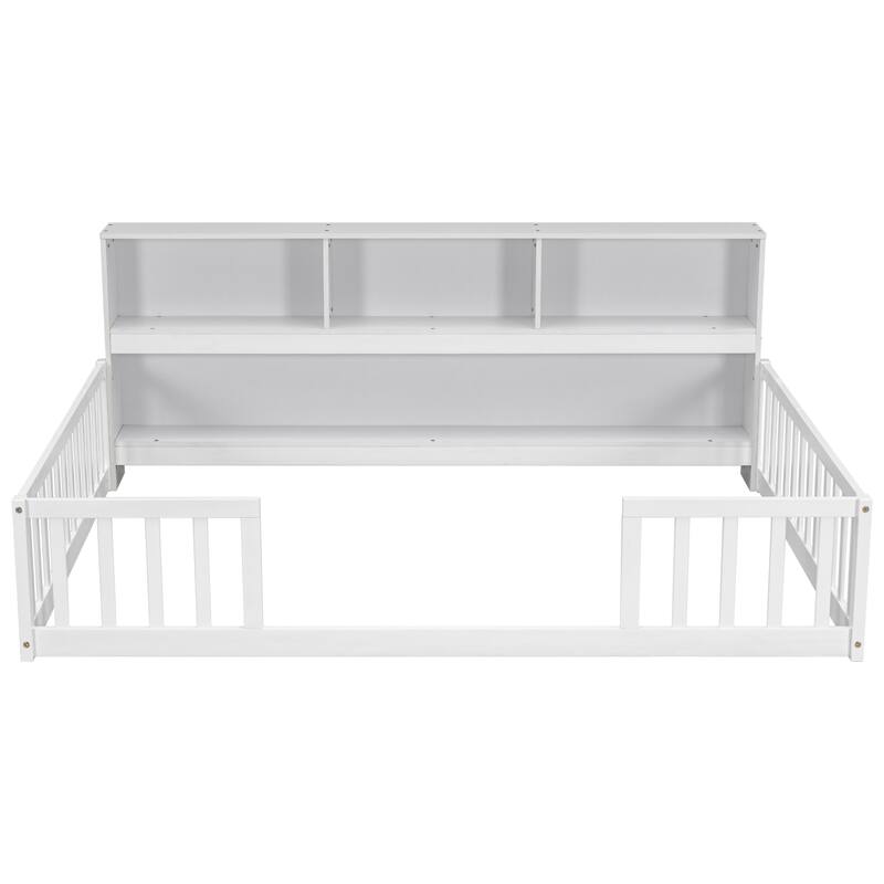 Pine Floor Bed with Bookcase & Guardrails