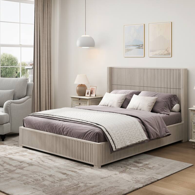 GDFStudio - Modern Solid Wood Low-Profile Platform Bed Frame with Fluted Headboard, Heavy-Duty Support & No Box Spring Needed