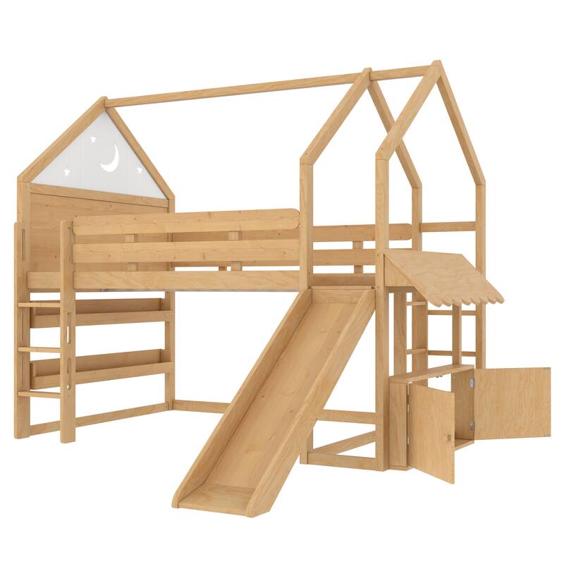 Twin Loft Bed with Slide, Bookshelf & House-Shaped Design for Kids