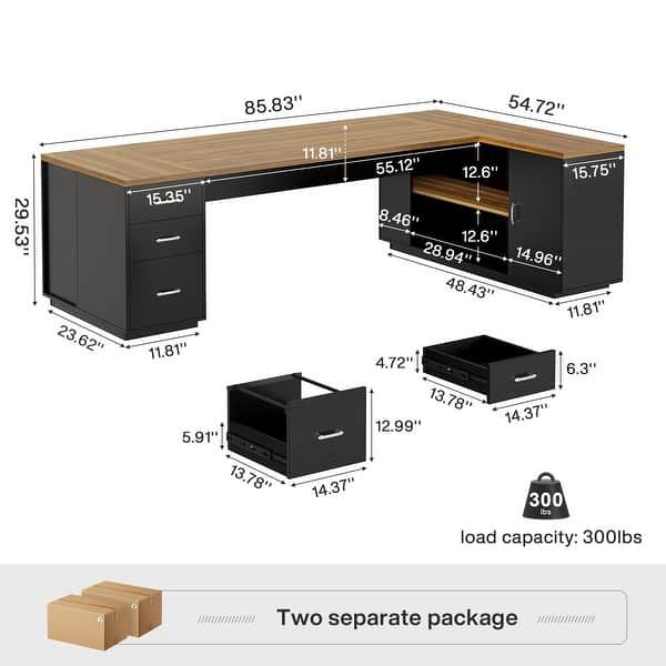 dimension image slide 2 of 3, 85.8" L-Shaped Executive Desk, Extra Large Office Desk with Drawers