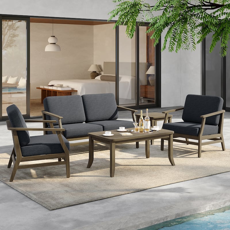 5-Piece Outdoor Teak Wood Patio Conversation Set with Cushions - NaturalFrame-Dark Grey