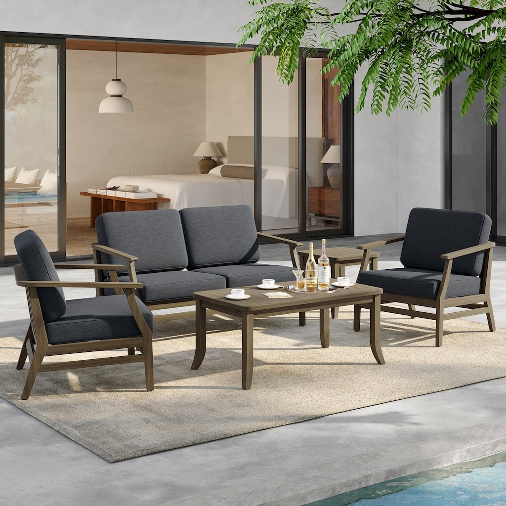 5-Piece Outdoor Teak Wood Patio Conversation Set with Cushions