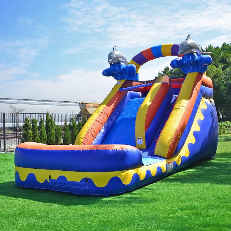 JumpOrange Dolphin Splash 14 Ft Commercial Grade Inflatable Water Slide with Deep Pool (with Blower)