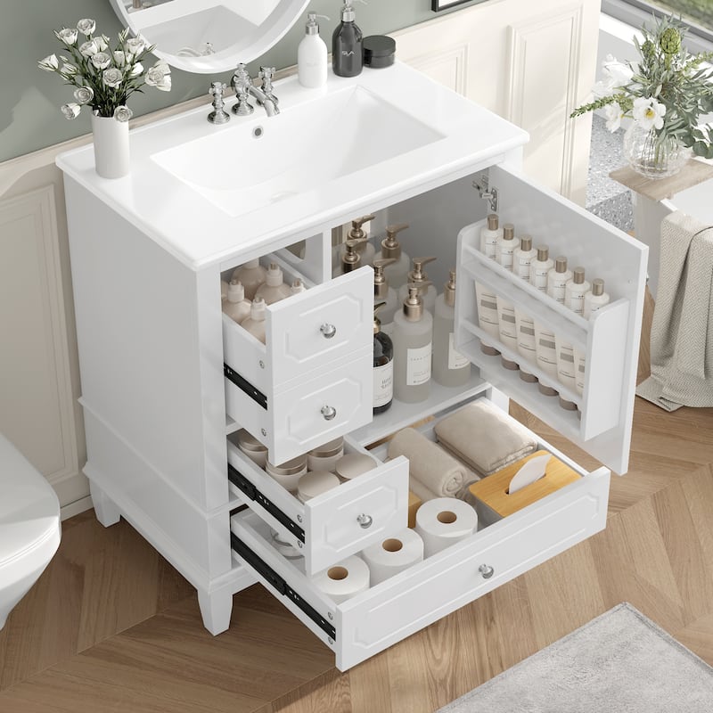 30" White Bathroom Vanity Set - Ceramic Sink Cabinet with 3 Drawers, Solid Wood Frame & Soft-Close Doors - White
