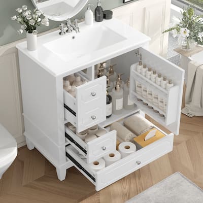 30" White Bathroom Vanity Set - Ceramic Sink Cabinet with 3 Drawers, Solid Wood Frame & Soft-Close Doors
