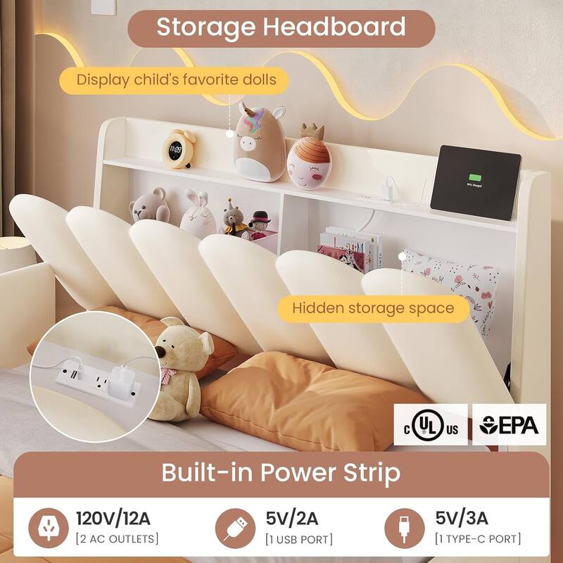 LED Bed Frame Storage DrawerSafety Guardrails Velvet Princess Platform Bed Kids