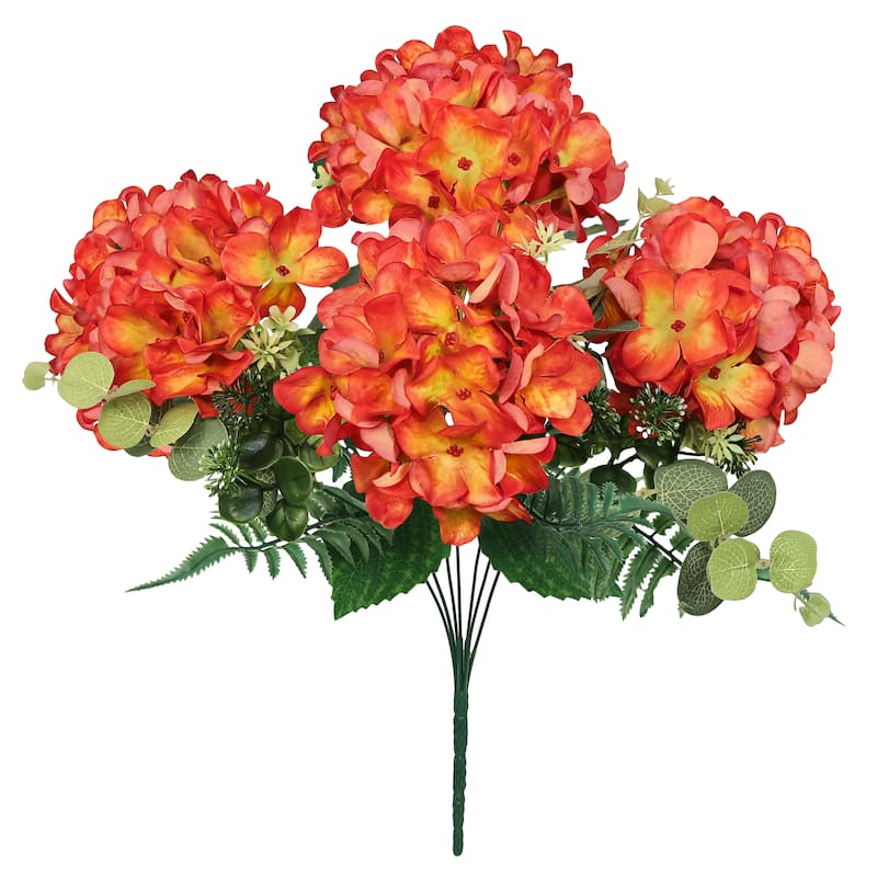 Set of 2 Red Orange Artificial Hydrangea Flower Stem Bush Bouquet 19in - 19" L x 12" W x 12" DP