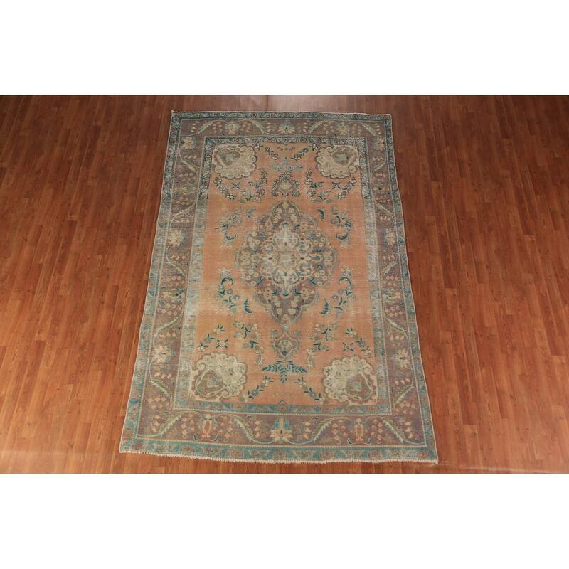 Handmade Orange Tabriz Persian Vintage Wool Carpet - 6'4" x 9'9"