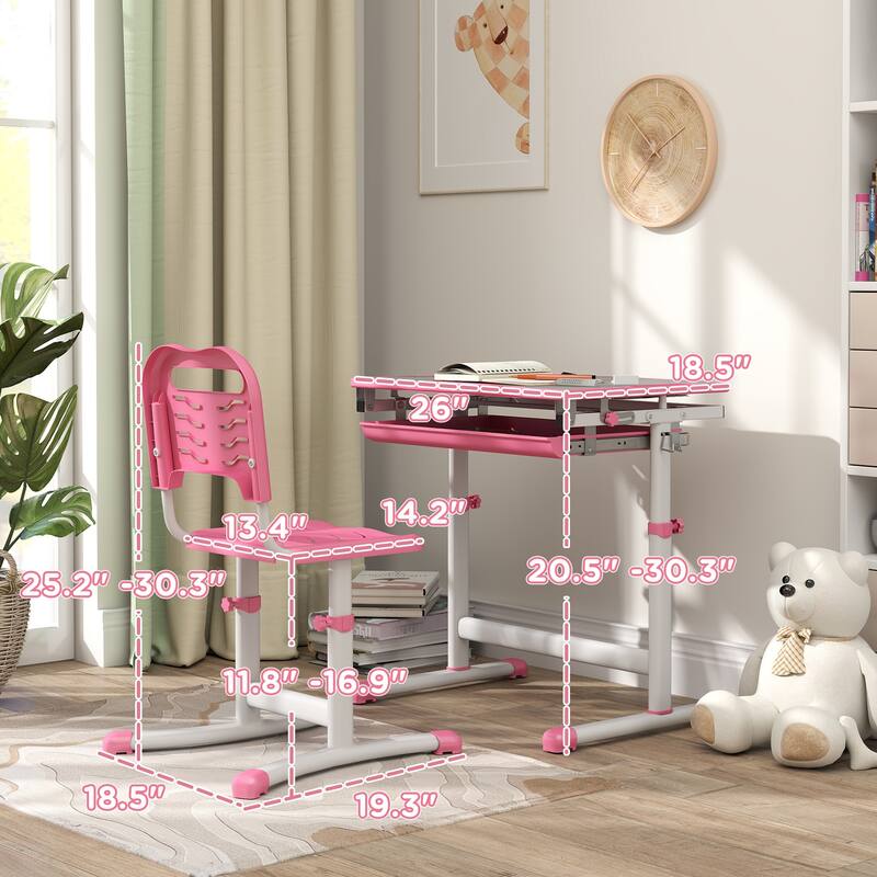 Height-Adjustable Kids Desk and Chair Set with Tilt Table and Drawer Pen Slots for Ages 6-12