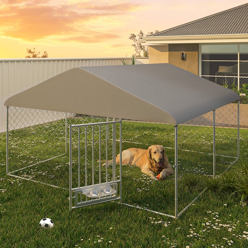 EROMMY Outdoor Dog Kennel, Heavy Duty Large Dog Kennels with Waterproof Cover and Rotating Feeding Door