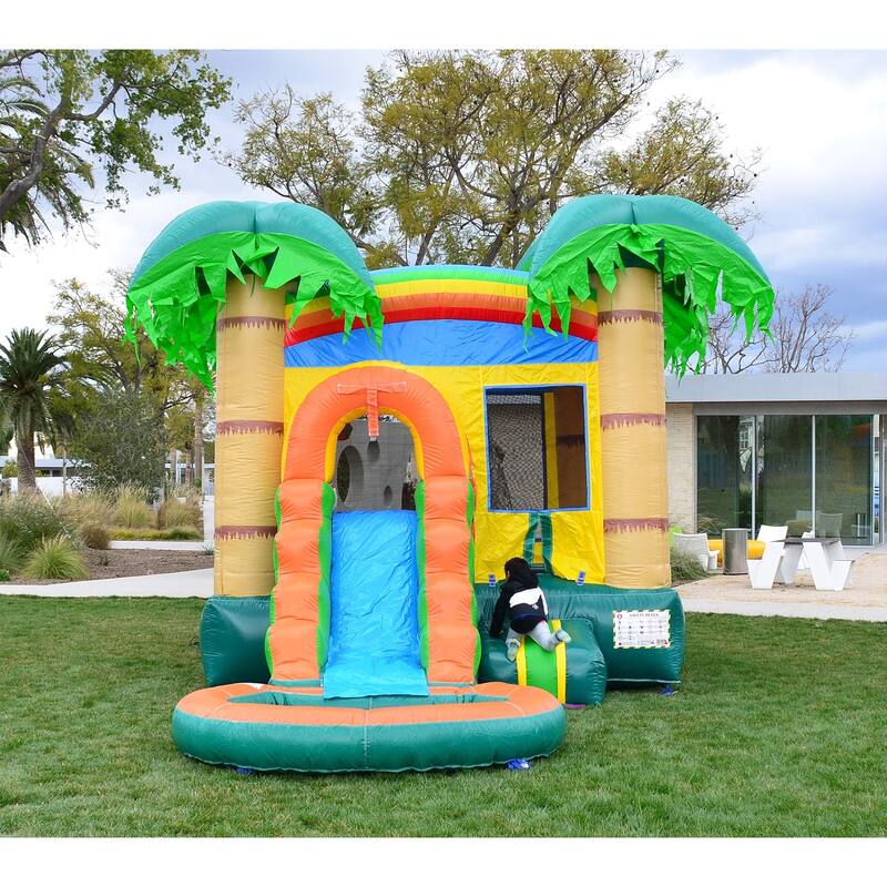HeroKiddo Tropical Forest Commercial Grade Inflatable Bounce House & Water Slide Combo with Attached Pool & Air Blower for Kids