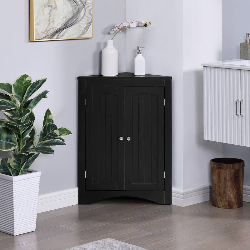 Roomfitters Corner Storage Cabinet with Doors, Free Standing Sideboard Cabinet with Adjustable Shelf for Living Room, Black