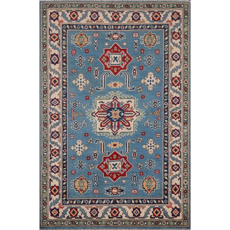 Blue Geometric Kazak Accent Rug Hand-Knotted Wool Carpet - 3'4" x 5'0"