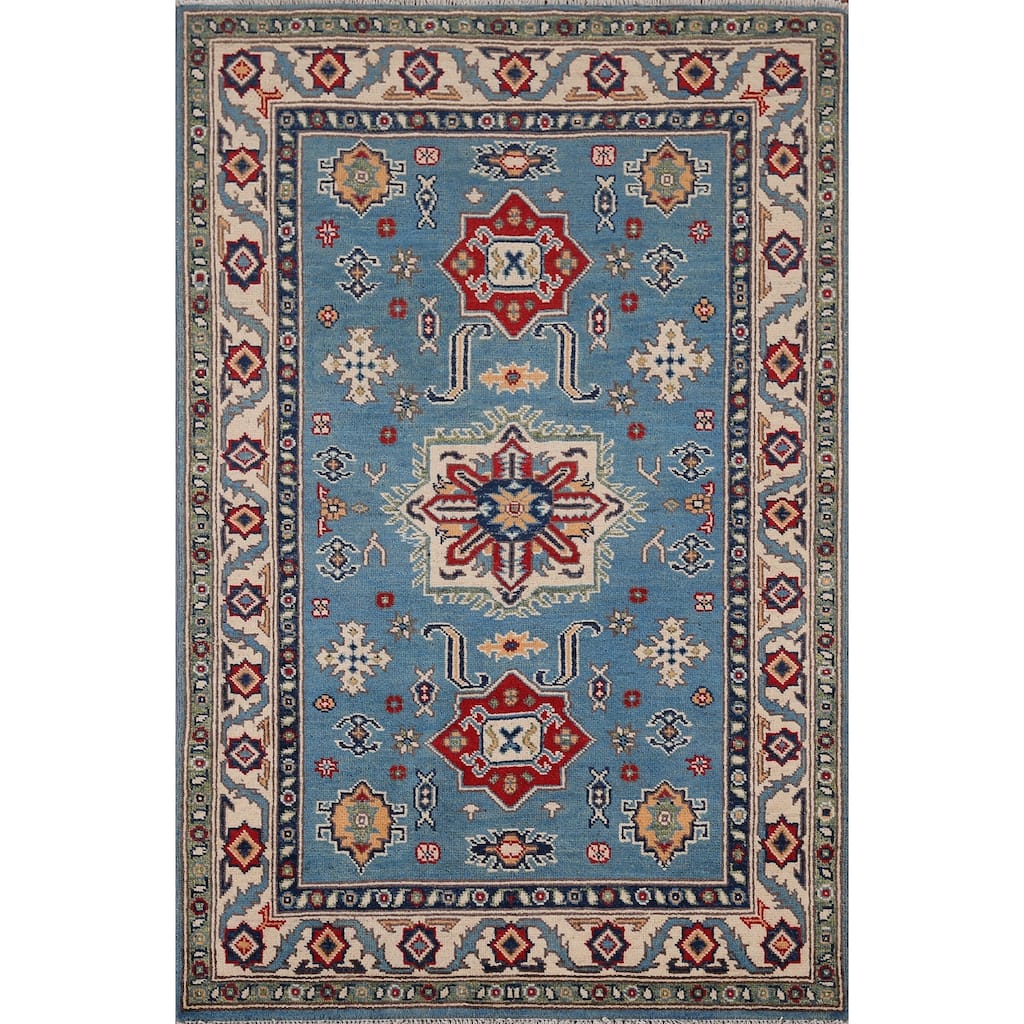 Blue Geometric Kazak Accent Rug Hand-Knotted Wool Carpet - 3'4" x 5'0"