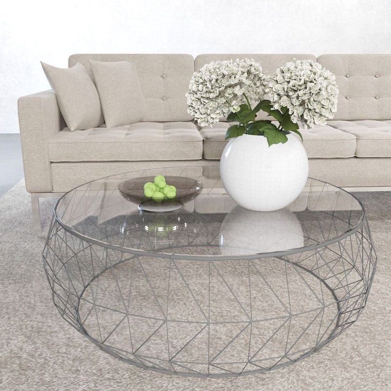 Malibu Octagon Coffee Table Templered Glass Tabletop in Sturdy Metal Geometric Base - 15" H x 34.5" W x 34.5" D