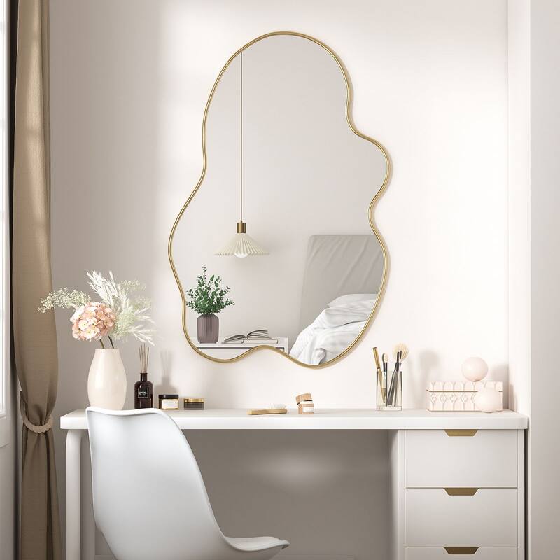 Anmytek Modern Gold Irregular Asymmetrical Wall Mirror - 35.4"x23.6" Decorative Mirror for Bathroom, Living Room, Bedroom