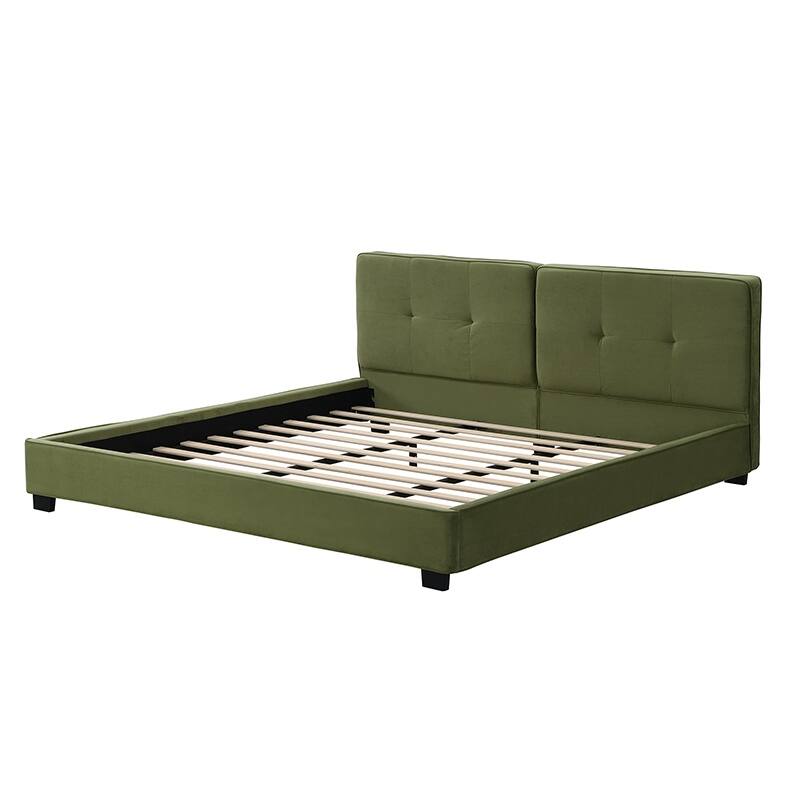 Oliver Green Velvet Upholstered Bed Frame, King Size Grounded Bed with Curved Tufted Headboard, Soft Square Corners Wingback Bed