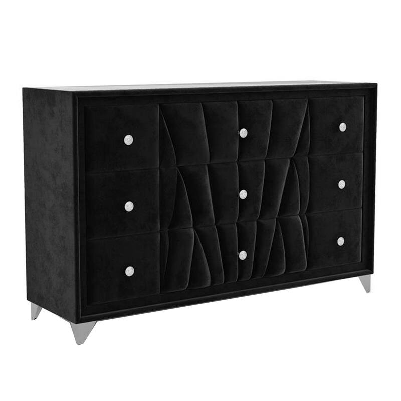 Ino 61 Inch Wide Dresser Chest, Velvet Upholstery, Art Deco Style, Black