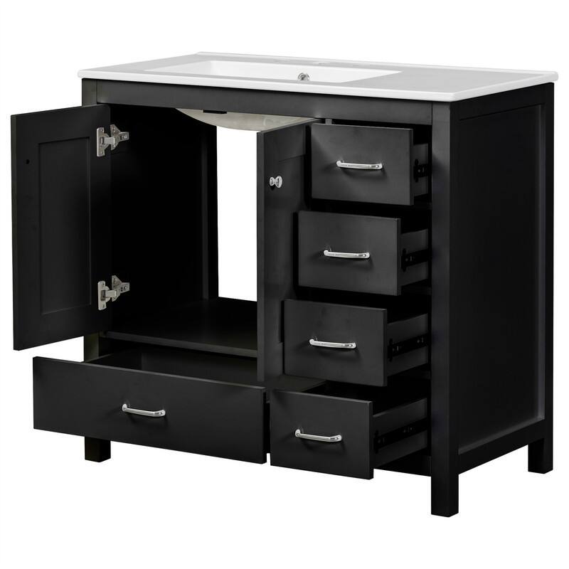 36'' Bathroom Vanity with Ceramic Sink Combo, Modern Bathroom Vanity Cabinet with 2 Soft Close Doors and 5 Storage Drawers