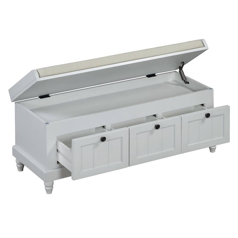 Classic Shoe Bench With Cushion And Three Drawers,Fluted Entryway Bench With Storage For Living Room, Entryway,And Hallways