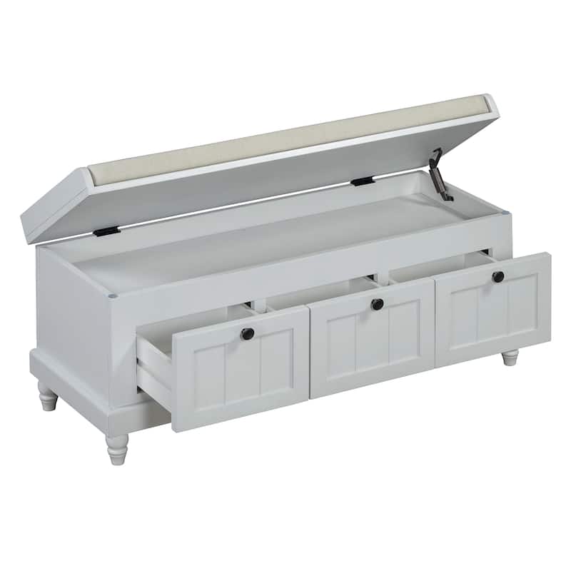 Roomfitters Classic Entryway Bench with Cushion, 3 Hidden Storage Spaces, Grooved Doors and Round Handles