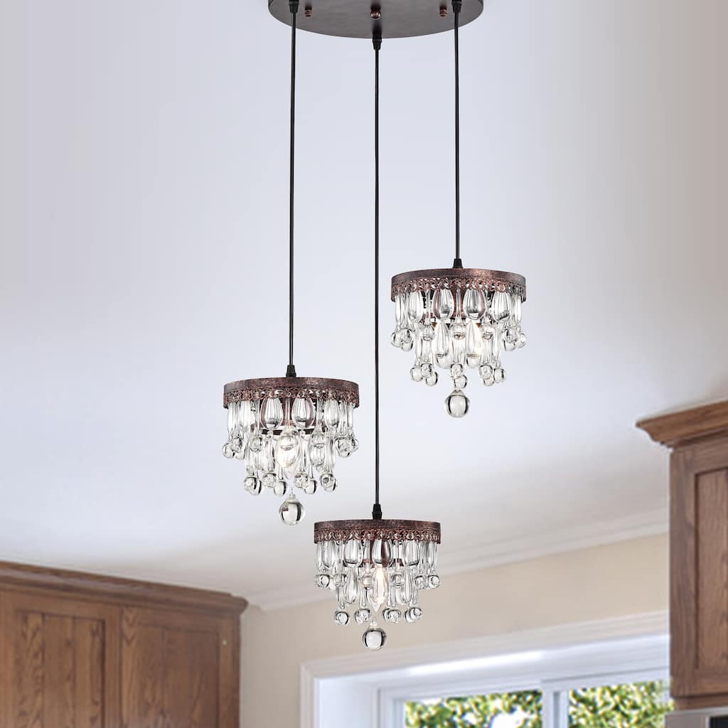 Minah Antique Copper 3-Light Cluster Cylinder Pendant Light with 5-Tier Hanging Crystals