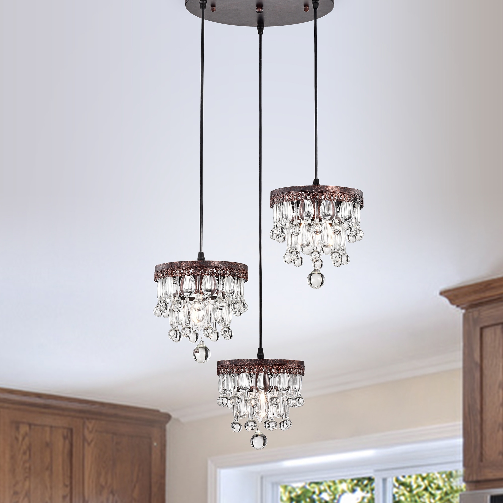 Warehouse of Tiffany Minah Antique Copper 3-Light Cluster Cylinder Pendant Light with 5-Tier Hanging Crystals