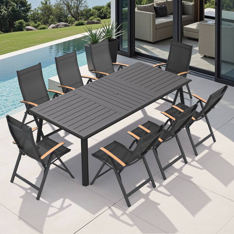 9-Piece Outdoor Dining Set Aluminum Dining Table with Umbrella Hole and Foldable Dining Chairs - Black