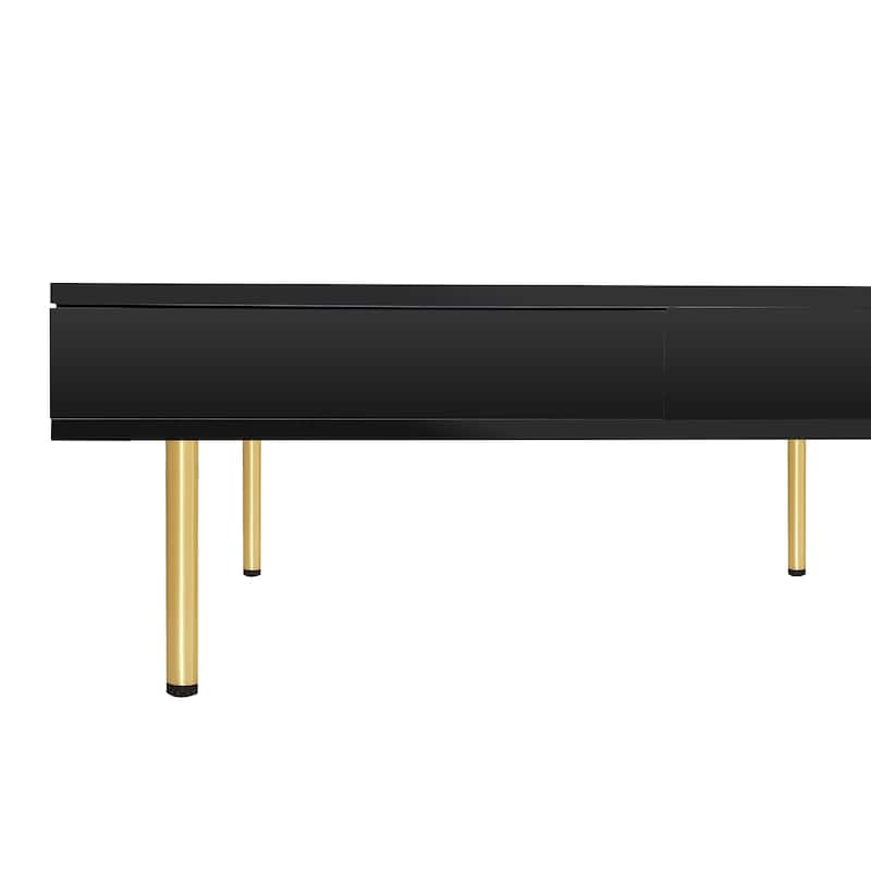 Roomfitters Square High Gloss Coffee Table with Golden Legs, Modern 2-Tier Center Table with Hidden Storage