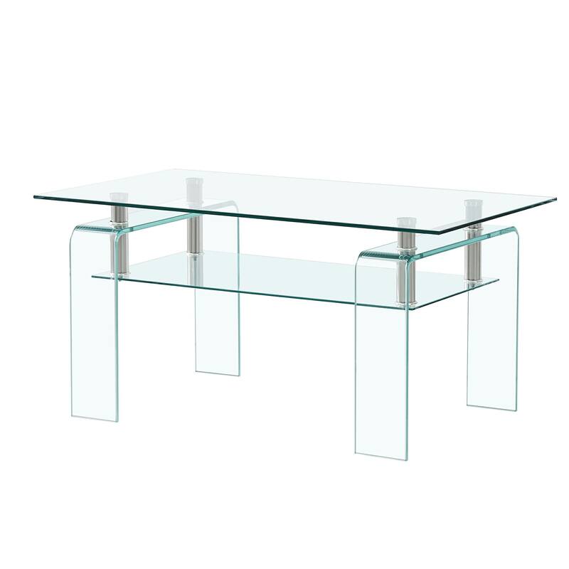 HomeRoots 39" Clear Glass Coffee Table With Shelf - 39.37 in. x 17.71 in. x 21.65 in.