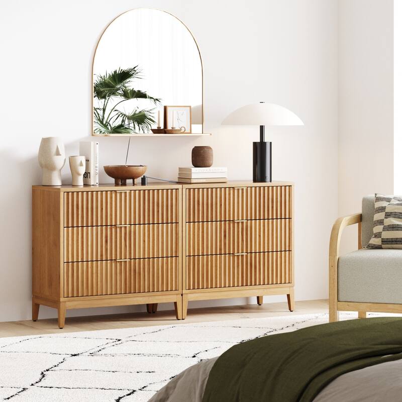 Jasper Mid-Century Modern 3-Drawer Dresser with Solid Wood Frame and Fluted Door Fronts