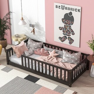 Montessori Twin Size Toddler Floor Bed with Fence without Door, Open-row Design Wood Frame Platform Bed with Safety Guardrails