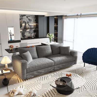Plush Corduroy Upholstered 3 Seat Sofa , Convertible Deep Seat Lounge Sofa Chair, Cloud Sofa with 5 Soft Pillows