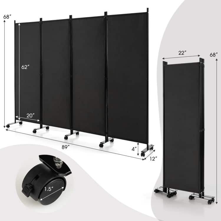 4-Panel Folding Room Divider Rolling Privacy Screen with Lockable Wheels - 89" x 12" x 68" (L x W x H)