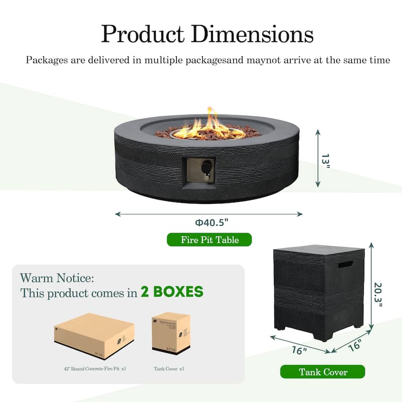 Patio Watcher 42in. Outdoor Round Magnesium Oxide Fire Pit Table with Gas Tank Cover