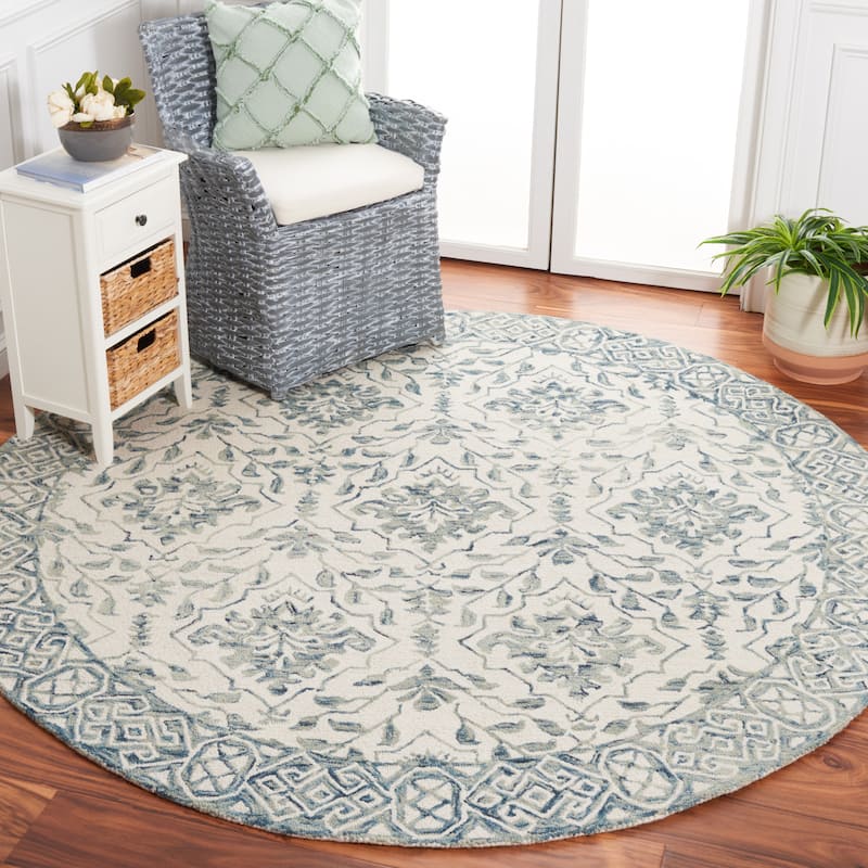 SAFAVIEH Handmade Dip Dye Elvedina Floral Wool Rug - 7' Round - Blue/Ivory