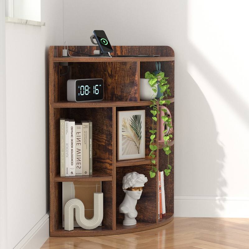 VECELO Corner Cabinet with Charging Station or No Charging Station 3-Tier Bookcase Storage Organizer Triangle Corner Bookcases