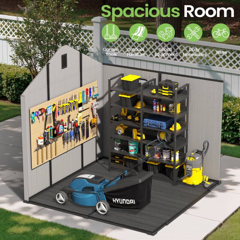 8X8 FT All-Weather Waterproof Outdoor Resin Storage Shed Windows Lockable Door with Floor for Patio Furniture and Tools