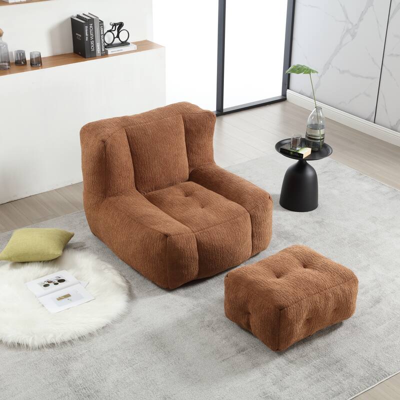 Fluffy Bean Bag Chair with Memory Foam and Ottoman, Super Soft Velvet Bean Bag for Adults & Kids, Comfortable Lazy Sofa