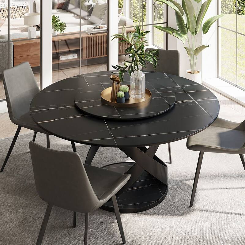Modern Round White Glossy Dining Table with Sintered Stone Tabletop and Black X Carbon Steel Base
