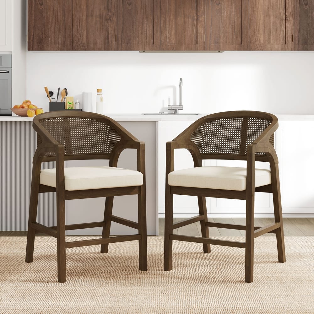 Christopher Knight Home - Harry Rubberwood Frame with Rattan Back Counter Stool (Set of 2)