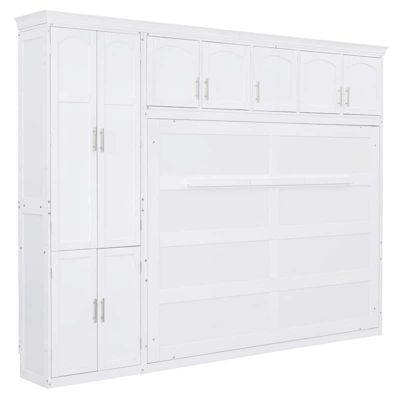 Space-Saving Queen Size Murphy Bed with Integrated Cabinets and Storage, White