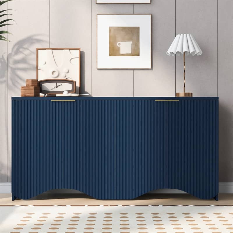 Wavy Design Sideboard with 4 Doors and Adjustable Shelves, Buffet Cabinet Accent Storage Cabinet with Vertical Stripes