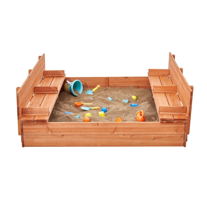 Natural Wooden Sandbox with Foldable Bench Seats and Bottom Liner Perfect Gift for Kids - 52.4” x 47.2” x 16.9”